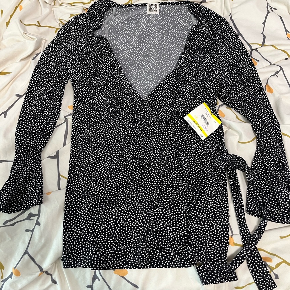 Anne Klein Women's Dot Faux Wrap Side Tie Blouse Size Medium Black